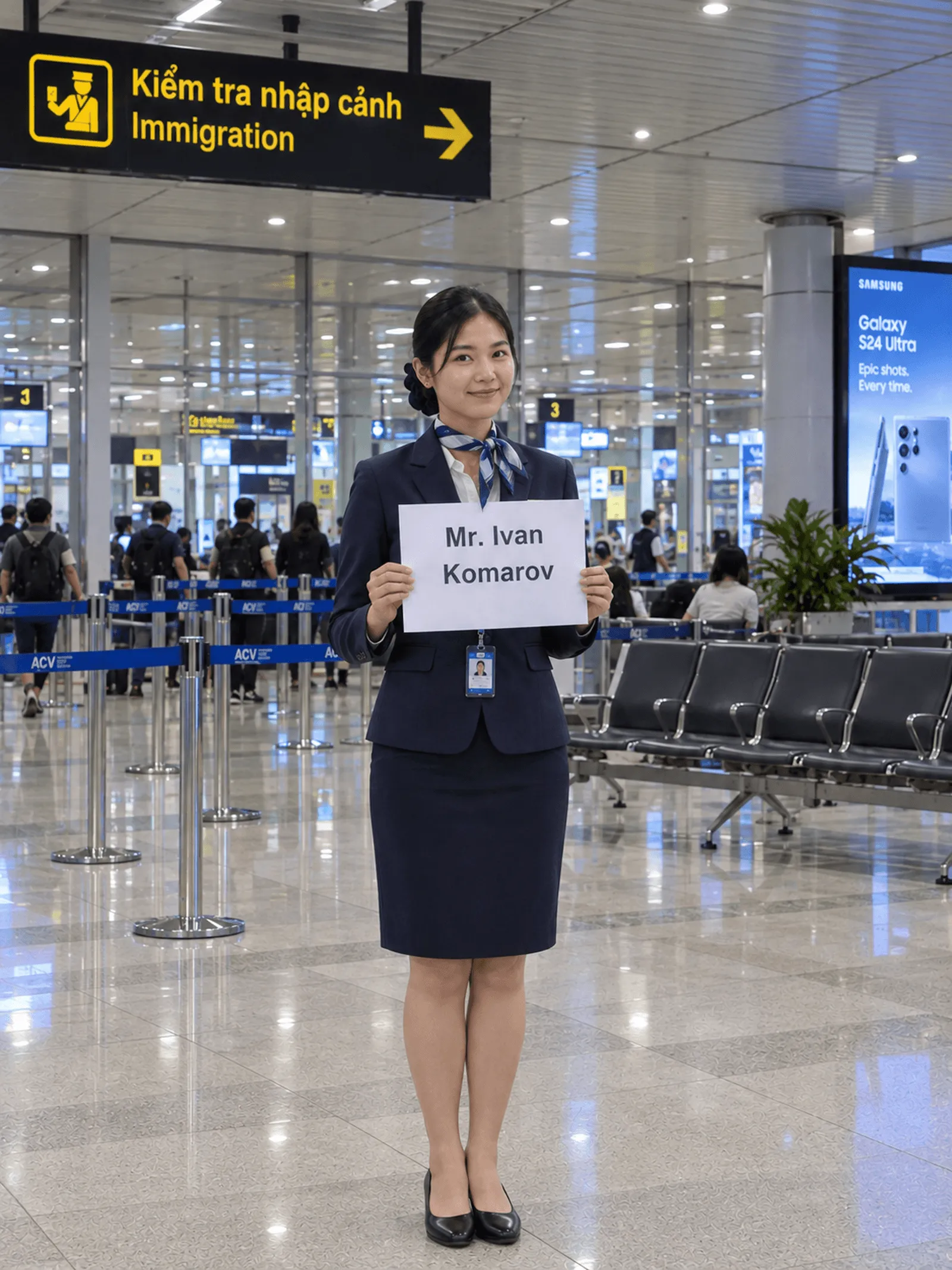 A staff member in a navy uniform holds a name sign in an airport hall, under a yellow-on-black Kiểm tra nhập cảnh / Immigration sign